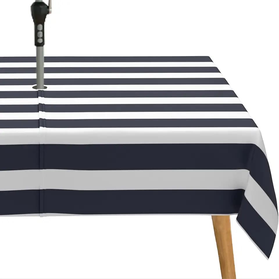 Navy Blue Strips Print Outdoor Tablecloth with Umbrella Hole for Rectangle Table, Waterproof Navy Blue Patio Table Cloth with Zipper - 60 x 120 inches