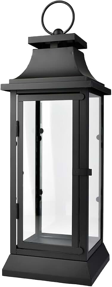 Serene Spaces Living Black Metal Hurricane Lantern with Clear Glass Panels – Hanging or Tabletop Decorative Lantern for Indoor & Outdoor – for Weddings, Parties, Home Decor, 20" Tall & 7.75" Square