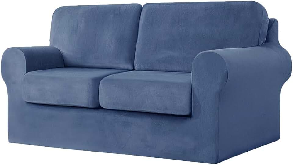 vctops 5 Pieces Velvet Stretch Sofa Cover for 2 Seater Couch Soft Washable Sofa Slipcover with Individual Backrest and Cushion Covers for Kids Cats Dogs (ST Blue,2 Seat)