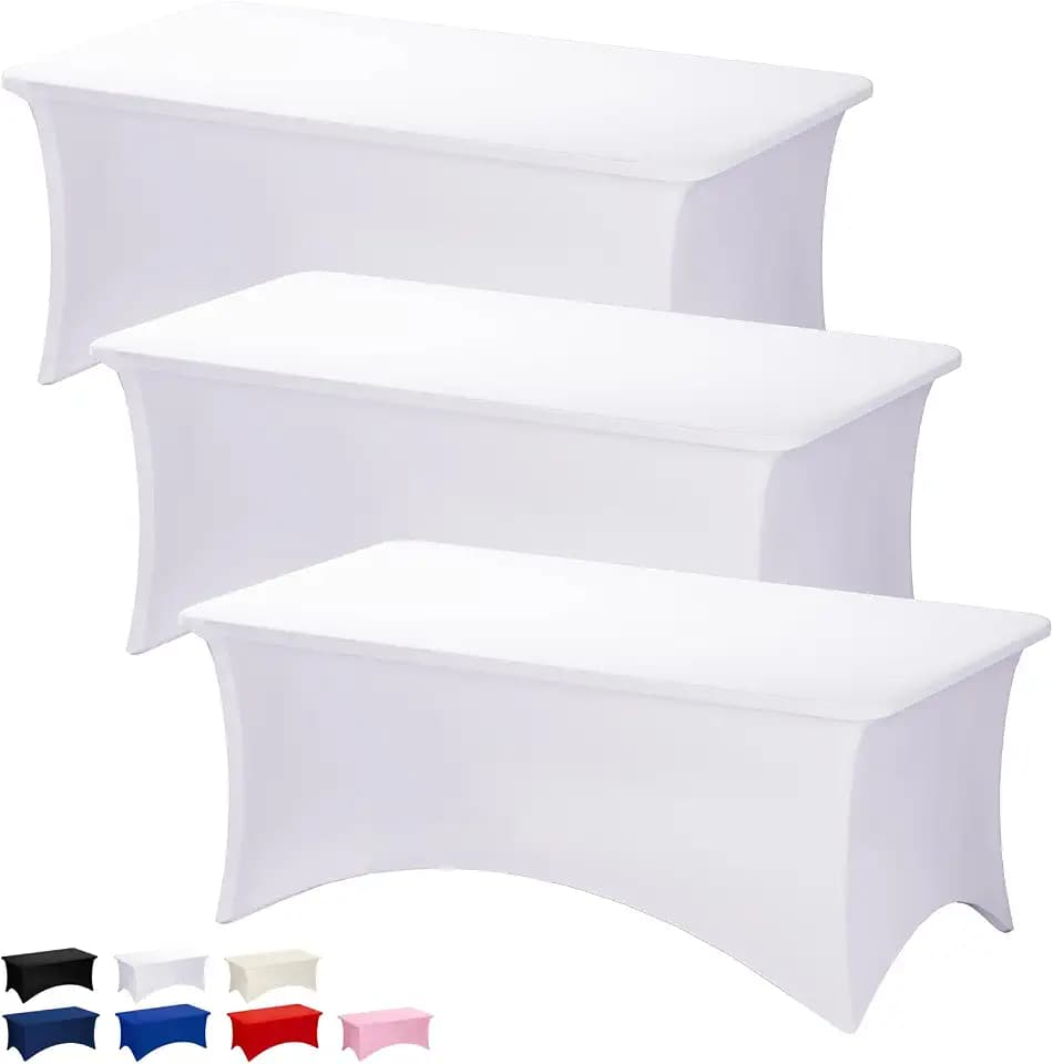 Fixwal 3 Pack 8FT White Tablecloth Rectangle Spandex Fitted Table Cover