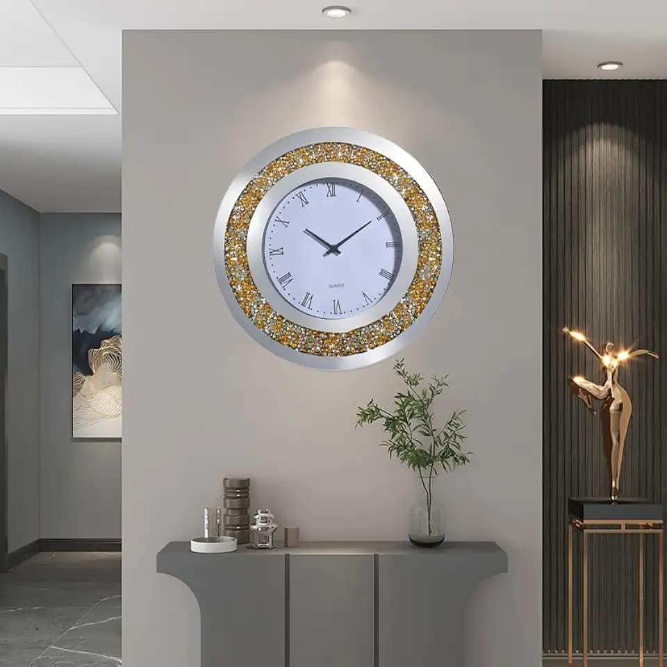 Crystal Diamond Wall Clock, 15.8" Gold Round Diamond Glass Clock