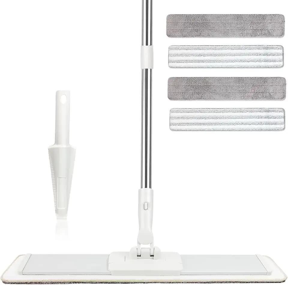 CQT Commercial Flat Microfiber Floor Mop Cleaning System 20" Wet Dry and Dust Hardwood with 4 Washable Pads Cleaner for Laminate Tile Stainless Steel Handle and Extension (PT15 New)