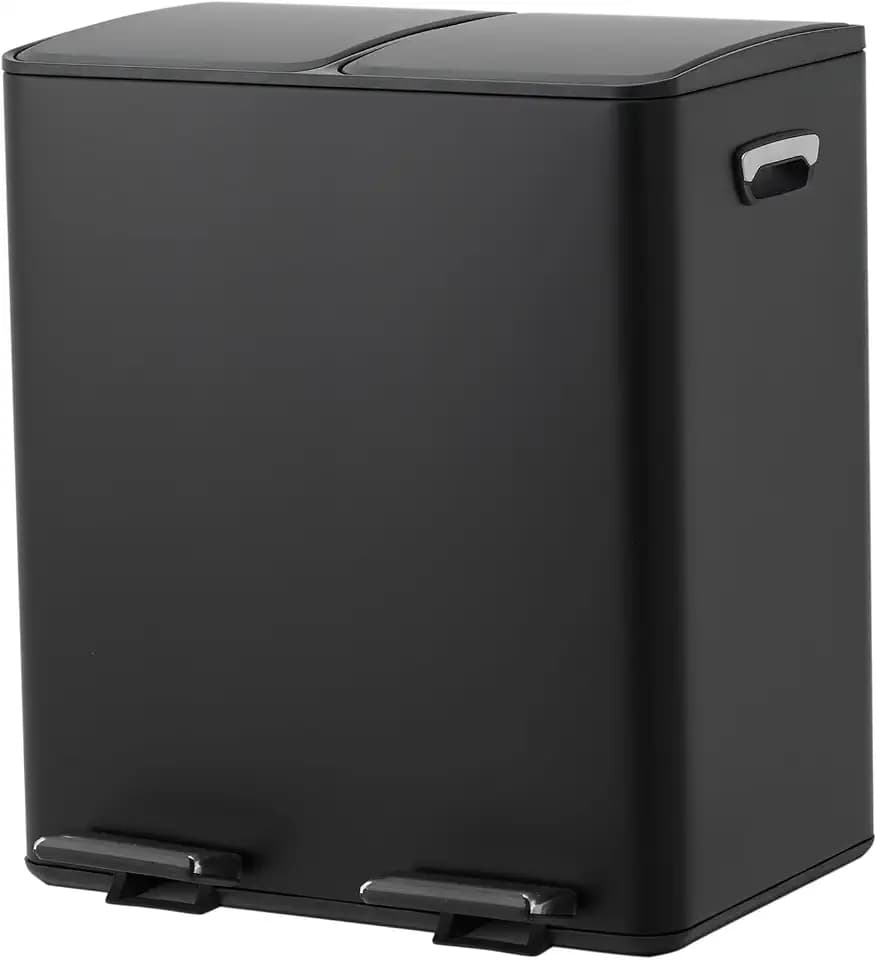 Garvee Dual Compartment Trash Can, 2 x 5.3 Gal (2 x 20L) Stainless Steel Recycling Bin with Anti-Slip Foldable Foot Pedal & Soft-Close Lid, Kitchen Garbage & Recycle Bin Combo - Black