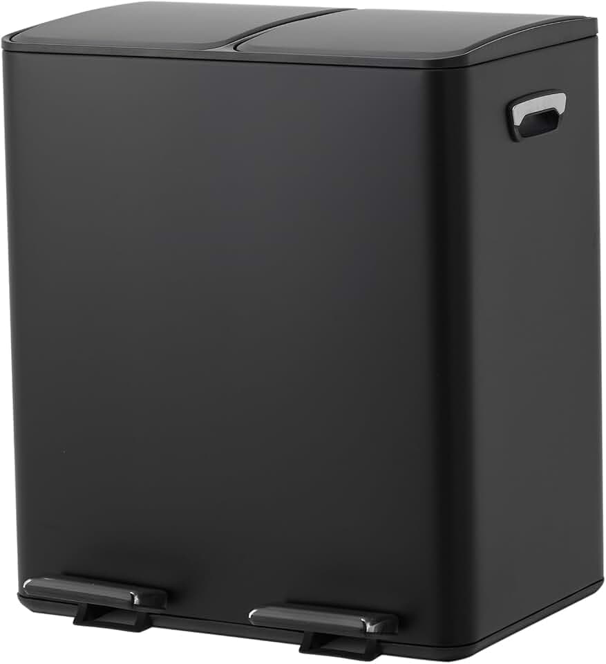 Dual Compartment Stainless Steel Kitchen Trash Can 40L (2 x 20L) – Soft-Close Lid – Removable Odor-Resistant Inner Buckets – Fingerprint Proof –Recycling Bin for Home, Kitchen, Office, Black