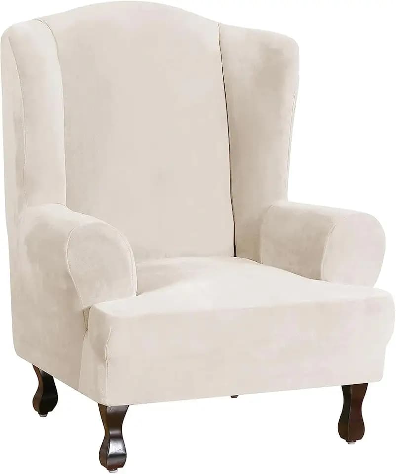 Turquoize Wing Chair Slipcover Velvet Slipcovers for Wingback Chairs Ultra Soft Velvet Sofa Covers 1-Piece Furniture Cover/Wingback Chair Cover with Elastic Bottom, Machine Washable (Wing Chair,Ivory)