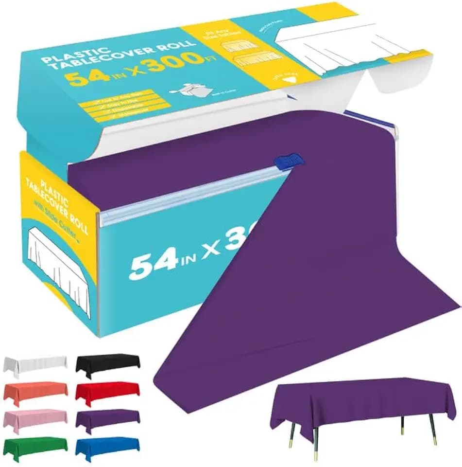 Niuara Purple Plastic Table Cover Roll - 54IN x 300FT, Table Cloth for Rectangle Table with Slide Cutter, Plastic Table Cloth Disposable with Cut-to-Size Design for Weddings, Banquets, Parties