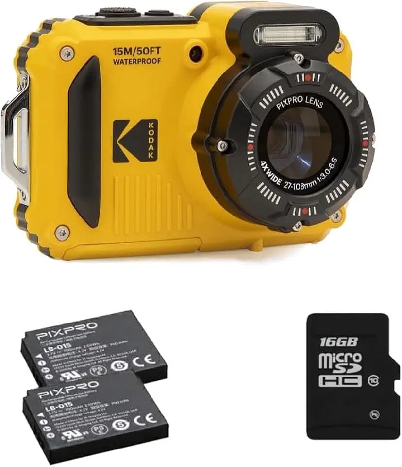 KODAK Pixpro Pack WPZ2 + 2 Batterien + 1 SD-Karte - Digitalkamera Kompakt 16M Pixel, Wasserdicht bis 15m, Stoßfest, Video 720p, LCD-Bildschirm 2,7 - Li-Ionen-Akku - Gelb