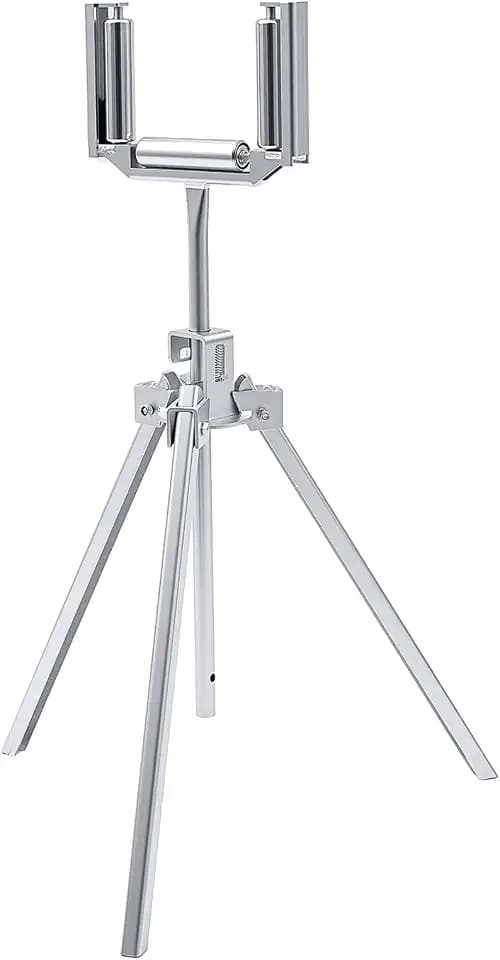 Gutter Machine Run Out Stand with Conveyor Rollers, Adjustable Height 28-3/4"–45-1/4", Supports 5" & 6" K Style Gutters, Foldable Tripod Roller Stand for Roll Forming Gutter Machines