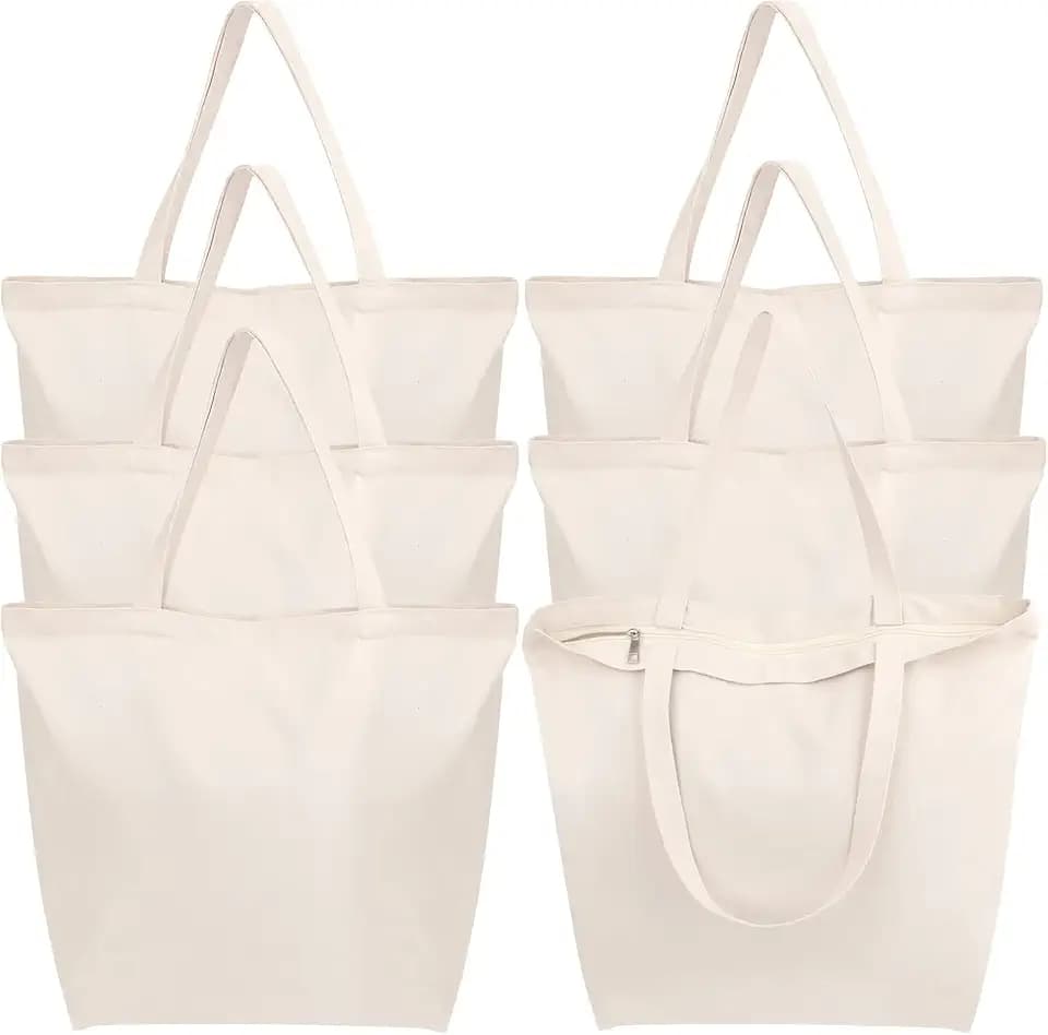 Segarty Canvas Bag with Zipper, 6 Pack 18x15in Blank Canvas Tote Bags for Women, Reusable Tote Bags Aesthetic with Natural Cotton Cloth, Shoulder Strap, Bulk for DIY Grocery Beach Travel Gift