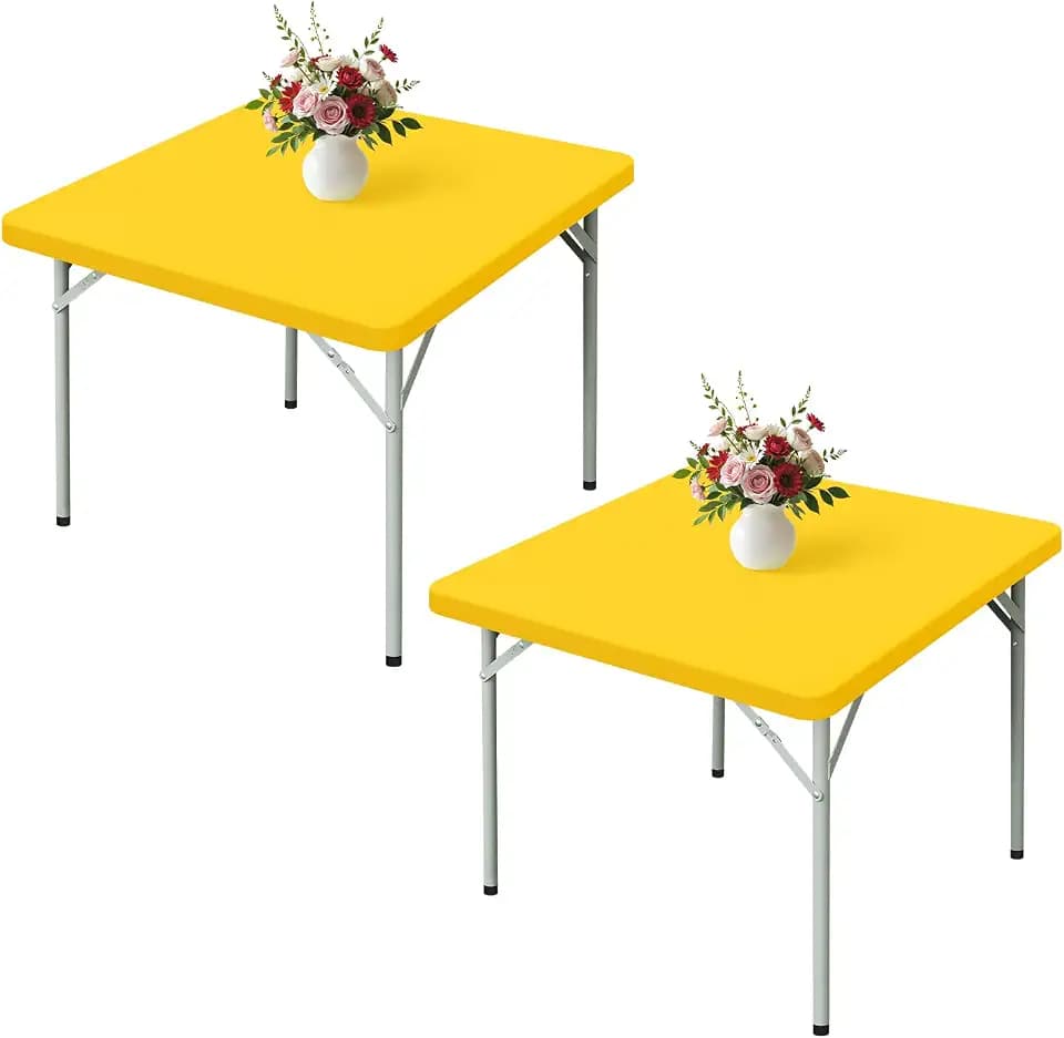 Wolkemer 2 Pack Yellow Fitted Tablecloth 34x34 Inch Square Elastic Edges Table Cloth, Spandex Stretch Table Cover with Machine Washable Fabric for Wedding Party Picnic Dining Indoor Outdoor