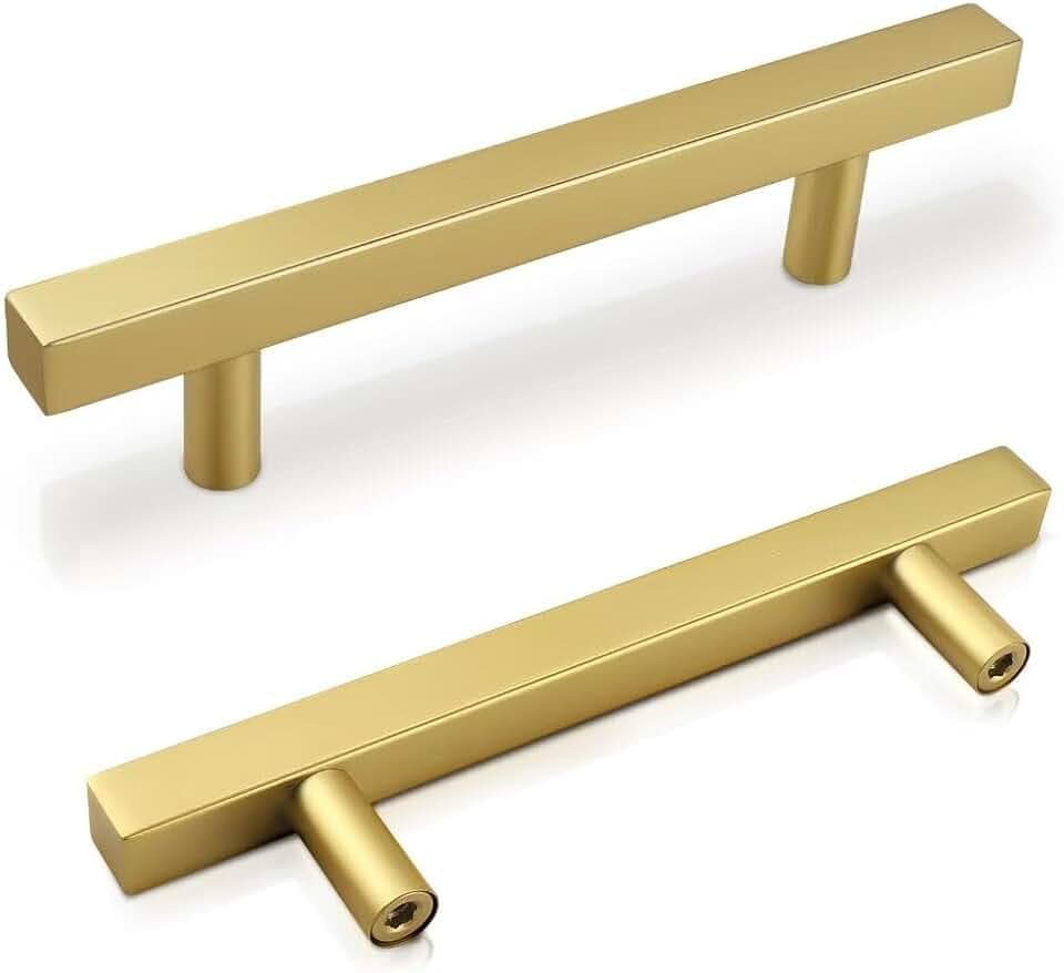 Brass Dresser Pulls 3-3/4 Inch, 5 Pack Gold Drawer Handles Cabinet Pulls, Brushed Gold Kitchen Cabinet Handles, 6 Inch Overall Length