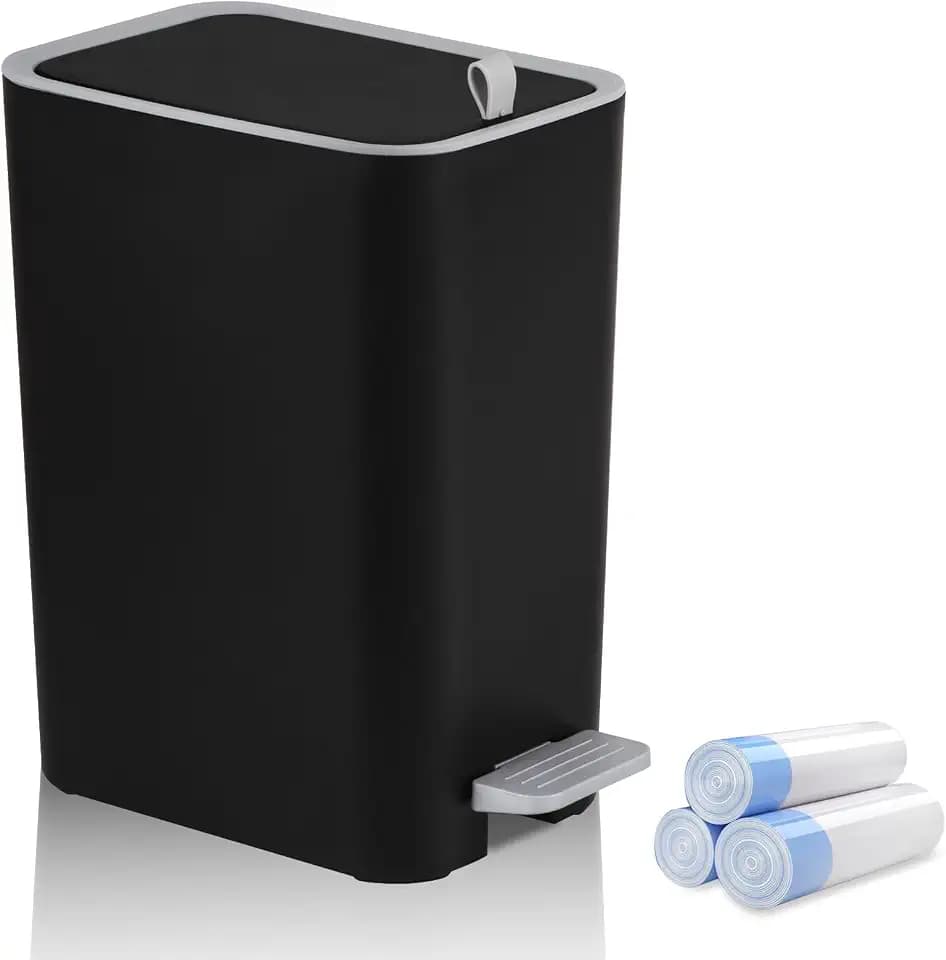 Small Bathroom Trash Can with Lid, 3.2 Gallon Slim Step Trash Can, Black