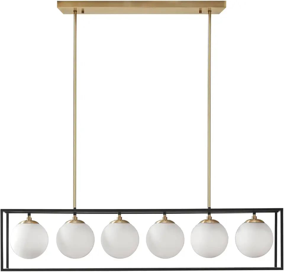 INK+IVY Helena Chandeliers for Bedrooms, Adjustable Dining Ceiling Mount Light Fixture,6 Bulbs Style Hanging Lamp,White Frosted Glass Sphere,Black Metal Cage,Rod,Industrial Style - Antique Brass/Black