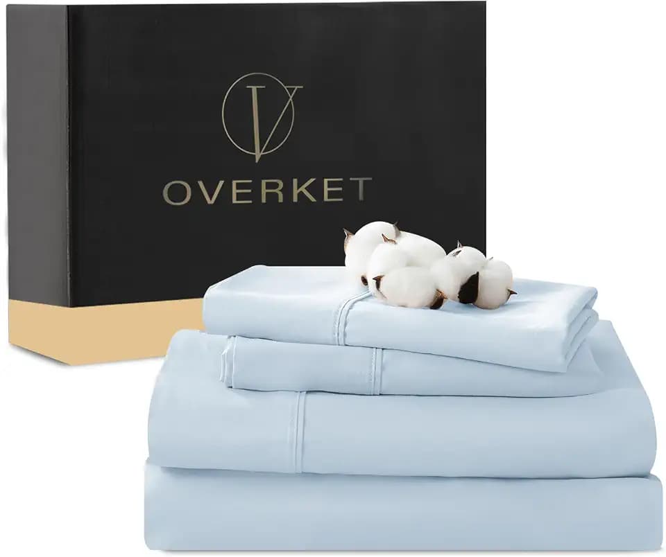 1000 Thread Count Egyptian Cotton Sheets Queen Size Set 4PCS Sateen Weave Soft Breathable 16-Inch Deep Pocket(Queen,Light Blue)