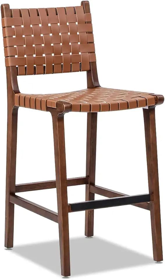 Jennifer Taylor Home Andre 26" Woven Leather Counter Stool with Back, Pecan Brown Faux Leather