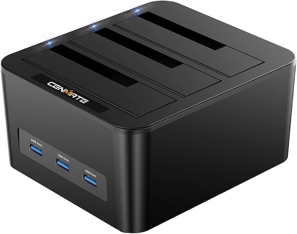 CENMATE Festplatten Dockingstation, 3 Bay HDD Docking Station für 2,5/3,5 Zoll SATA SSD/HDD, USB 3.0 A/C Kabel mit 3X USB Host, Unterstützt Hot-Swap