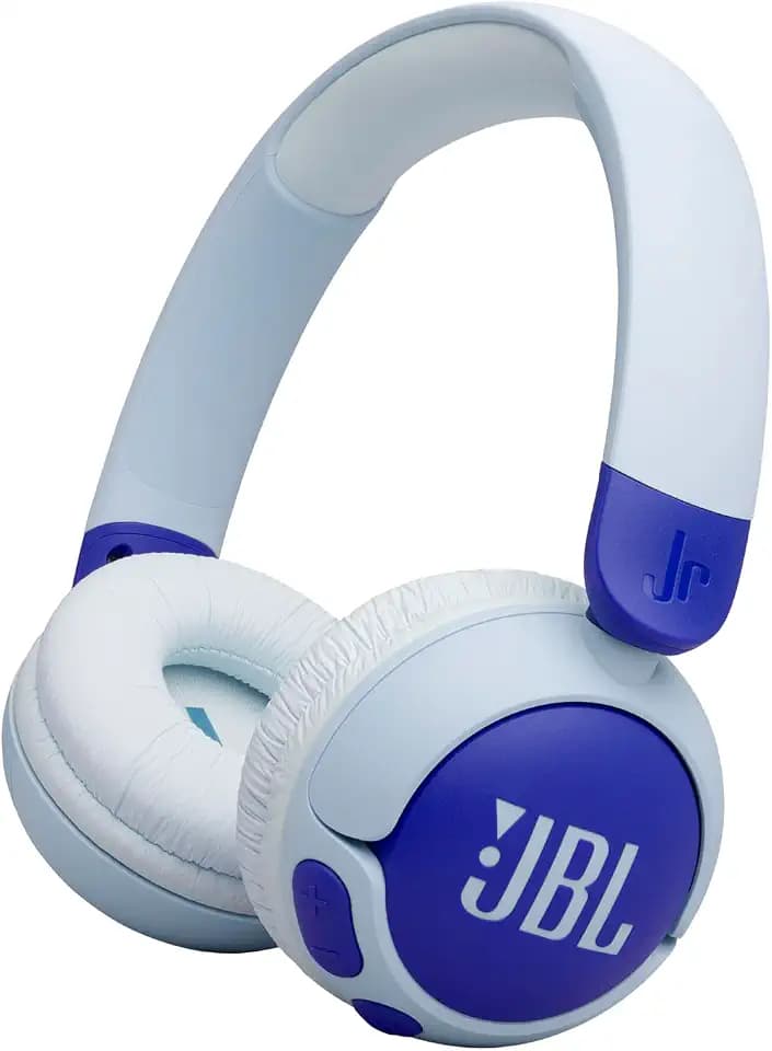 JBL Junior 320 BT, Kabellose On-Ear Bluetooth-Kopfhörer mit eingebautem Mikrofon für Kinder, 50 h Wiedergabe, JBL Safe Sound, geringer Lautstärke, einfacher Bedienung und Sticker-Set, Blau