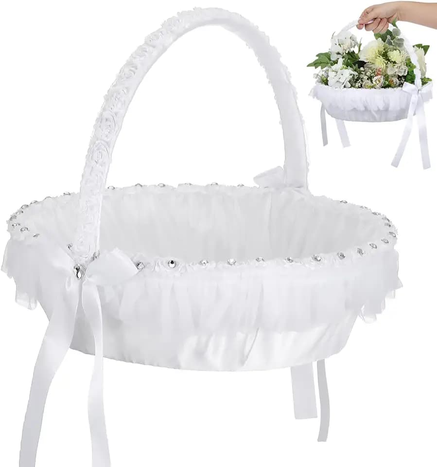STOBAZA White Flower Girl Basket for Wedding, Lace Handle Bowknot Fairy Petal Basket for Girls and Kids, Wedding Decoration and Party Supplies