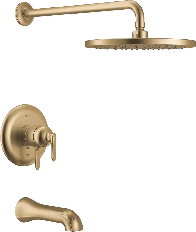 Delta Bonacci 17 Series Dual-Function Rain Bathtub and Shower Faucet Set, Brushed Gold Rainfall Shower Head and Handle Set, Valve Trim Kit, Lumicoat Champagne Bronze T17445-CZ-PR (Valve Not Included)