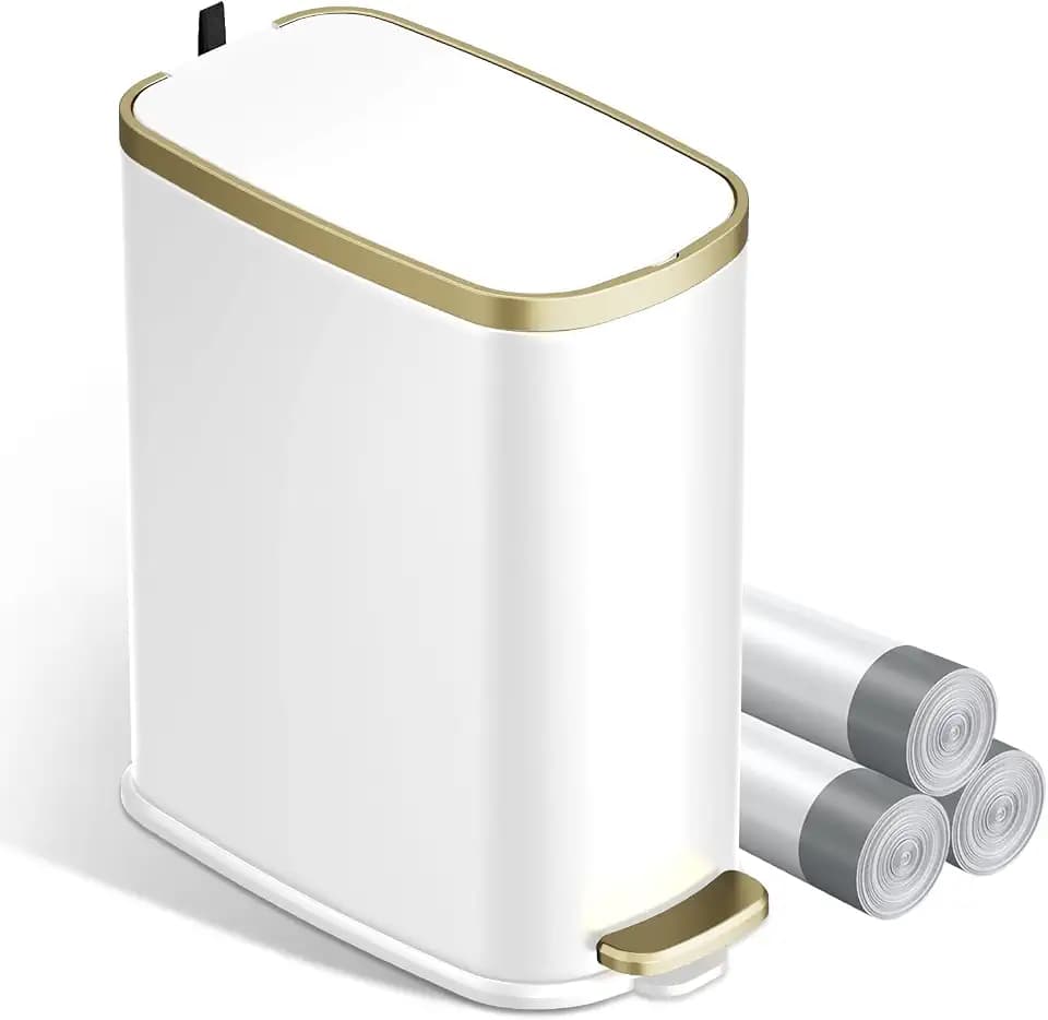 KUK Small Bathroom Trash Can with Lid Soft Close, Step Pedal, 2.6 Gal Stainless Steel Garbage Can with Removable Inner Bucket, Anti-Fingerprint Wastebasket for Office, Bedroom, Toilet (White)