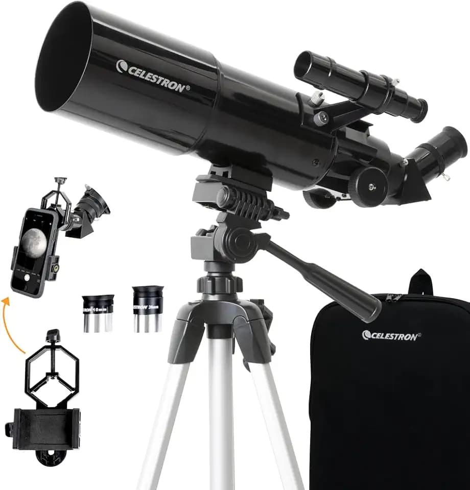 Celestron 22030 Travel Scope Portable Refractor Telescope with 80mm Lens, Fully-Coated Glass Optics, Bonus Astronomy Software Package and Digiscoping Smartphone Adapter