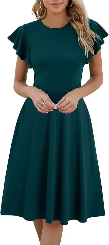 HELYO Women's Semi-Formal Ruffle Sleeves V-Back Work Fit and Flare Cocktail Knee Length Dress with Pockets 842