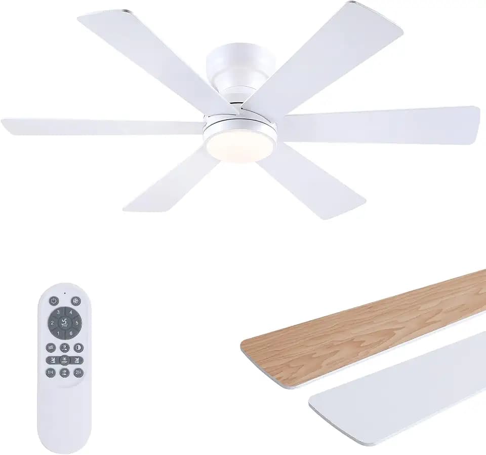 Asyko 46"White 6-Blade Modern Low Profile Ceiling Fan with Light and Remote