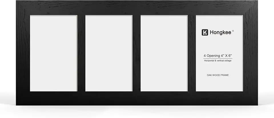 Hongkee 4x6 Oak Wood Picture Frame Collage, Real Glass and Solid Wooden Frames, Display 4 4x6 Picture Frame - Horizontal or Vertical Wall Mounting(1Pack, Black)