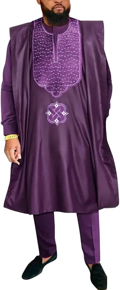 HD African Mens Apparel Agbada Clothing Embroidery Dashiki Shirts and Pants Outfits 3 Pieces