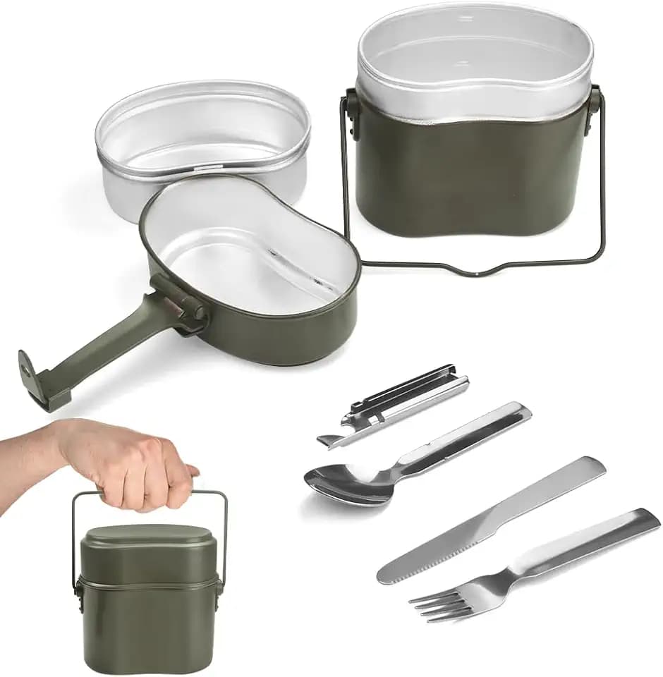 Kleemeiero Bundeswehr Essgeschirr set Hitzebeständig Camping Kochgeschirr Outdoor alu Kochgeschirr Survival Kochset Bund Besteck mit Klappbarem Henkel Essgeschirrset Essbesteck für Reisebesteck