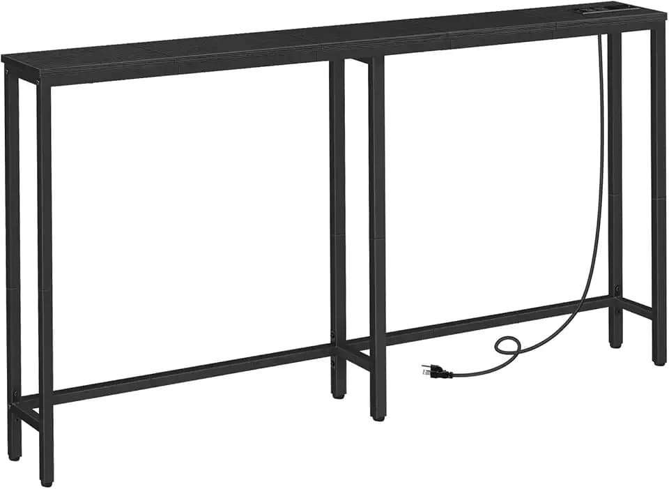 HOOBRO 63" Narrow Console Table with Charging Station, 5.9" Slim Sofa Table