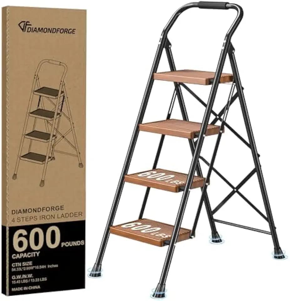 Step Ladder Foldable Folding Stool - for Home Adults Kitchen 4 Stepping Extension Tall Heavy Duty with Handrails - Closet Stepstool Stair Ladders Extendable Stepladder for Indoor House 600Lbs
