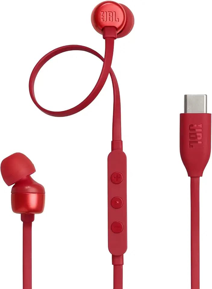 JBL Tune 310C - USB-C Wired Hi-Res In-Ear-Kopfhörer, verwicklungsfreies Flachkabel, 3-Tasten-Fernbedienung mit Mikrofon (Rot)