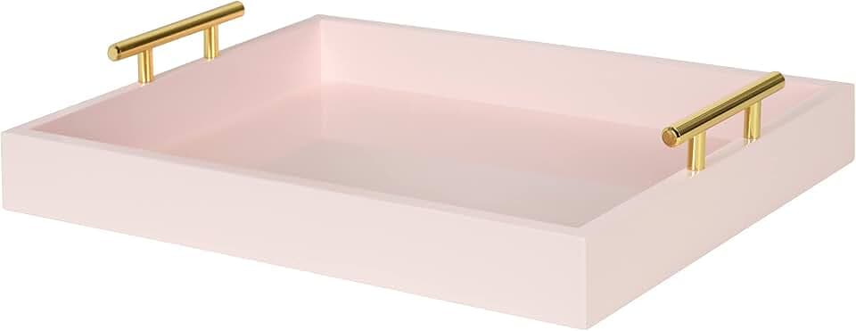 Kate and Laurel Lipton Decorative Tray with Polished Gold Metal Handles, Soft Pink