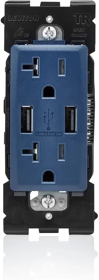 Leviton Renu USB Charger/Tamper-Resistant Duplex Outlet, 20A-125VAC, RUAA2-RN, Rich Navy
