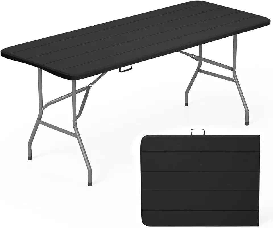 FDW | 6FT Folding Table | Black Wood Grain | Portable Plastic Table