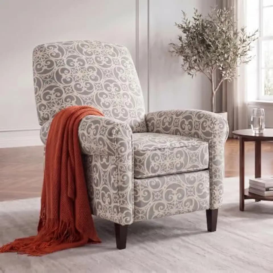 Printed Linen Fabric Manual Recliner Chair with Rolled Armrest,Gray