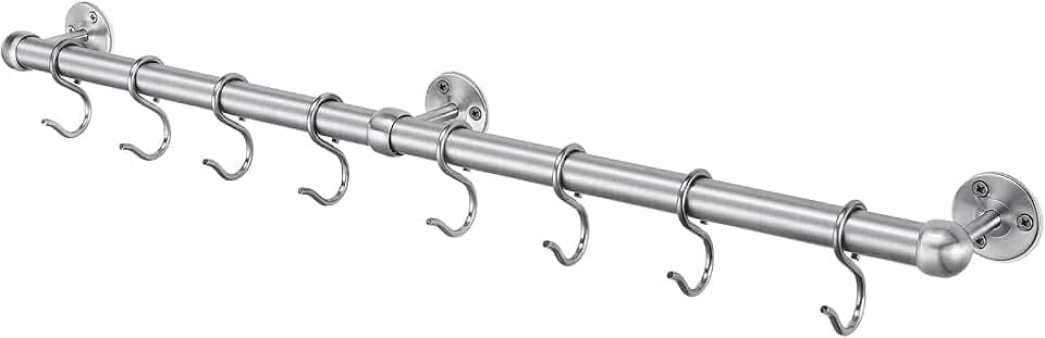 ROTHLEY Stainless Steel Hanging Pot Rack Hanger: 23.7 Inch Pot and Pan Hanger Wall Mounted Hanging Pot Bar Rack Heavy Duty Pot Hangers Kitchen Rail with 8 S Hooks (Brushed)