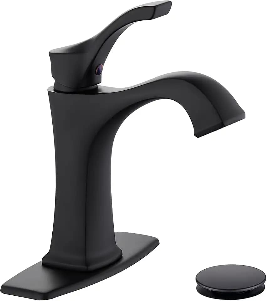 Matte Black Bathroom Faucet 1 Hole, Sanliv Single Handle Bathroom Sink Faucet, Modern Black Vanity Faucet with Deckplate & Pop-Up Drain for One or 3-Hole Farmhouse Sinks