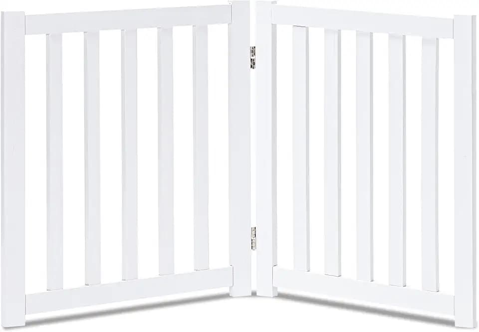 LZRS Wooden Free Standing Dog Gate 40" W x 24" H, Foldable Solid Hardwood Pet Safety Fence for House Doorways, Stairs, Hallways, Step-Over Pet Barrier, No Drill Easy Setup, White