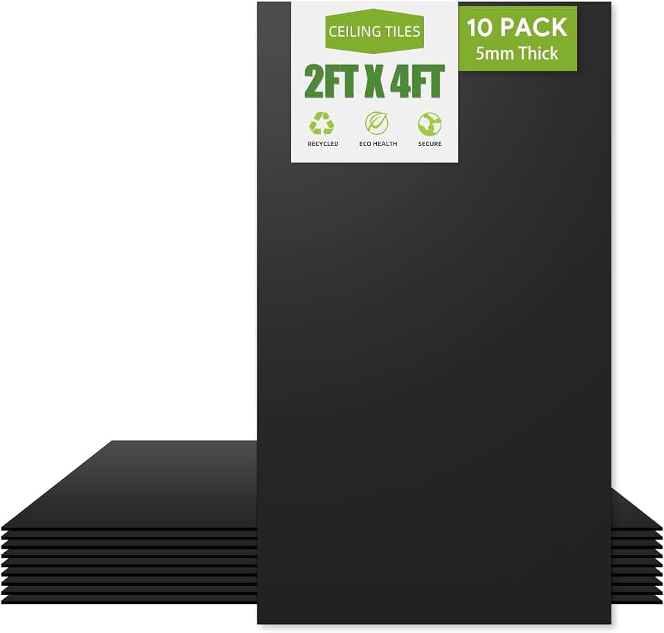 Noooza 2ft x 4ft Drop Ceiling Tiles,Smooth Black PVC Ceiling Tiles 24 x 48in. Waterproof, Washable and Fire-Rated - Reusable - High-Grade PVC to Prevent Breakage-Package of 10 Tiles