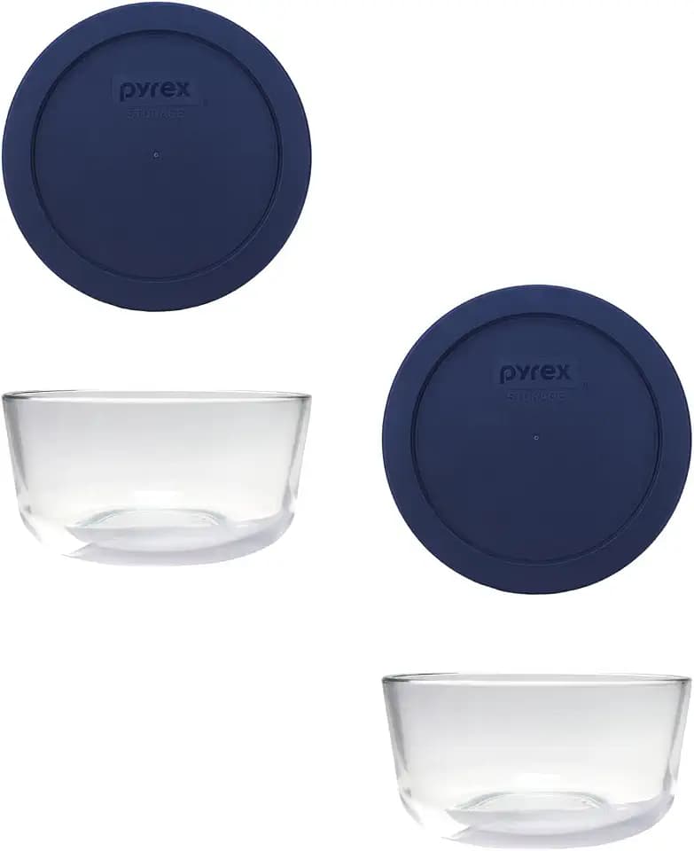Pyrex (2 7201 4-Cup Glass Bowls with (2) 7201-PC Blue Lids - Made in USA