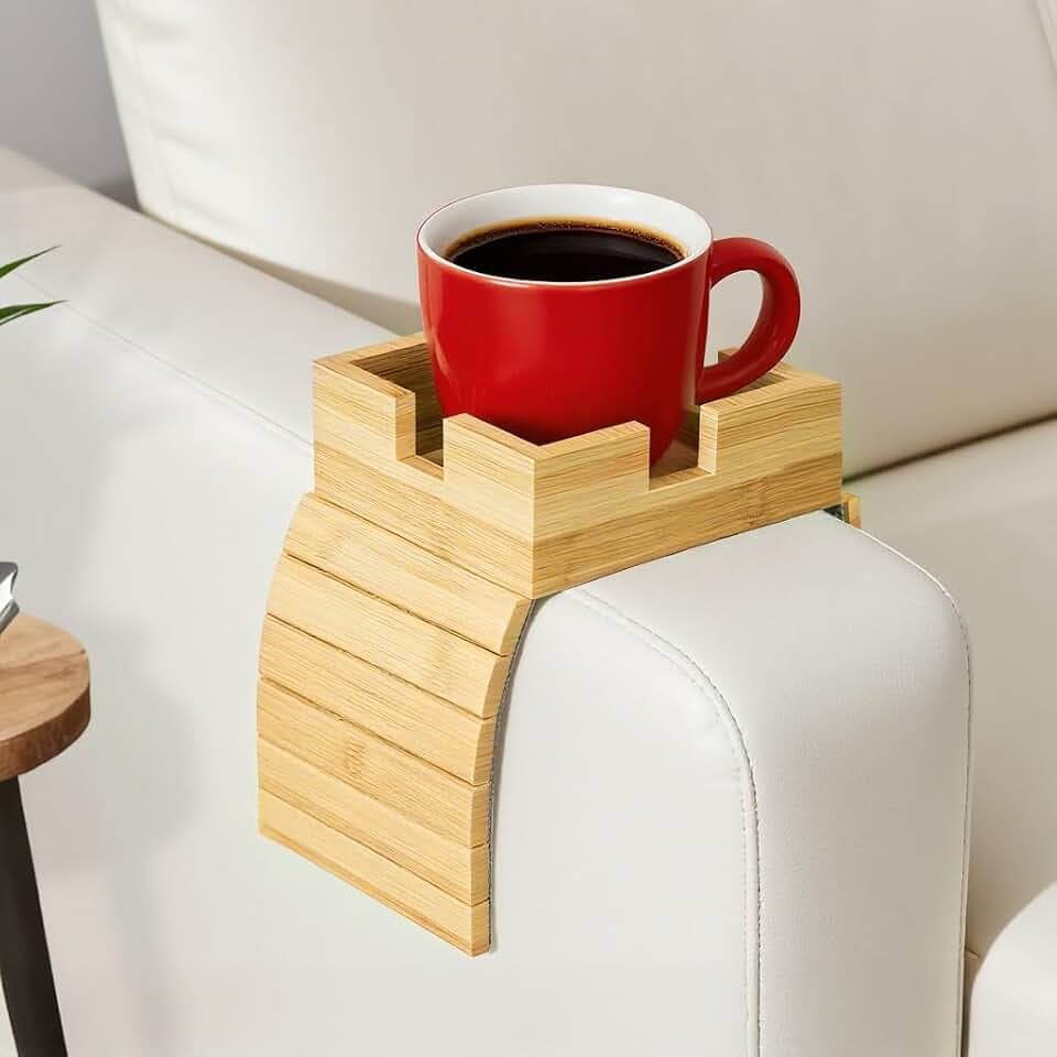 Bamboo Couch Cup Holder – Non-Slip Armrest Tray for Recliner & Loveseat – Large Caddy for Drinks, Cell Phone, and TV Remote(Large)