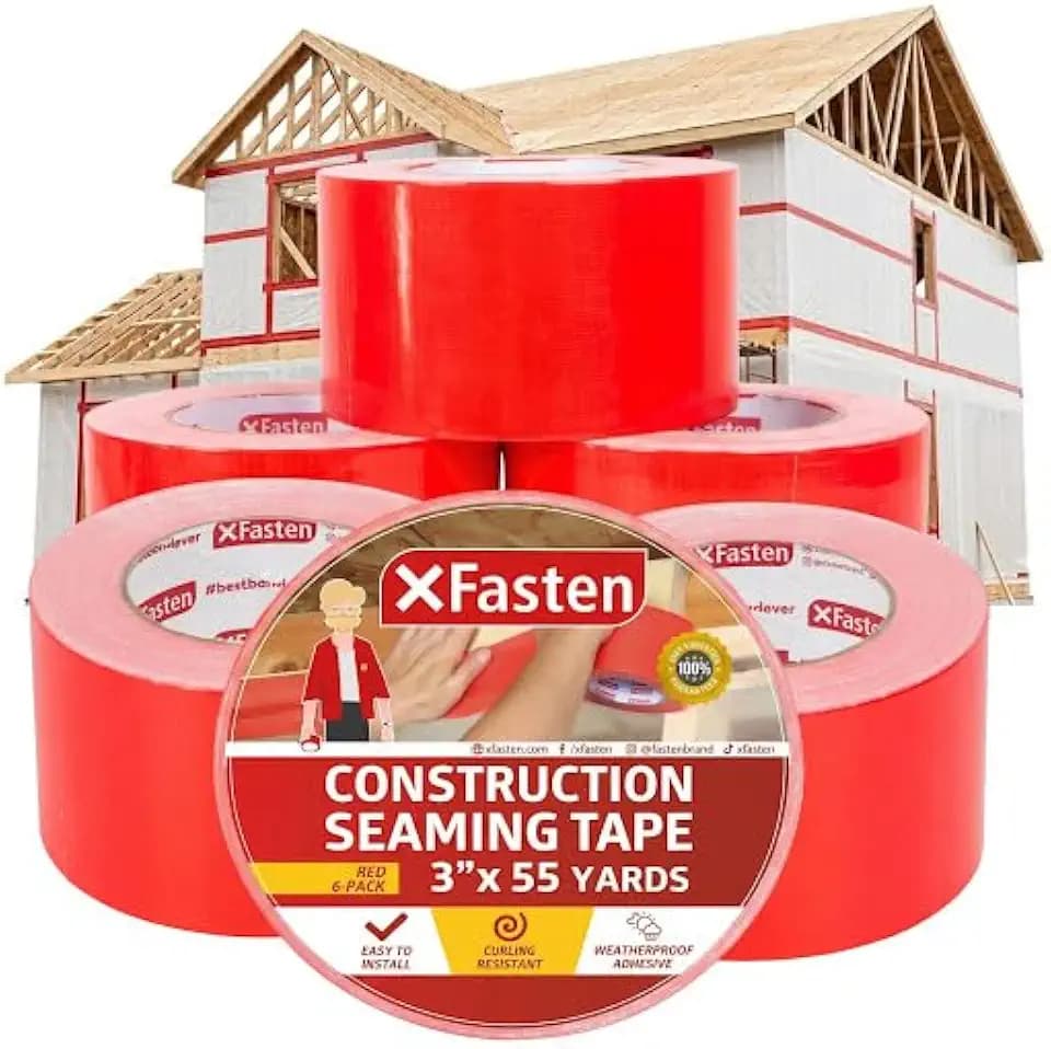 XFasten Construction Seaming Tape Red 3”x55Yds (6-Pack, 990Feet Total) Sheathing Tape for Epoxy Resin Tape, Waterproof Crawlspace Vapor Barrier Tape, House Wrap Construction Tape, Foam Board Tape