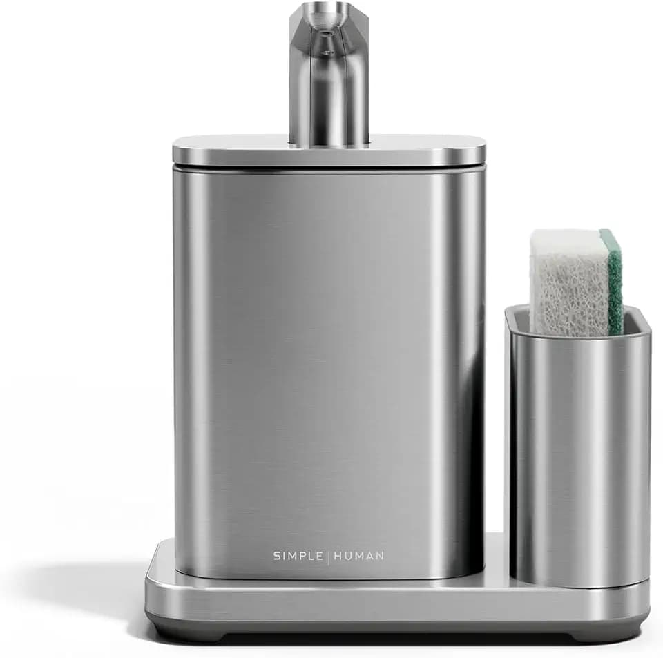 simplehuman Pulse Pump with Sponge Caddy, 16 oz Manual Dish Soap Dispenser for Kitchen Sink, Smooth & Precise Push-Down Action, No-Drip Spout, Integrated Sponge Holder, Brushed Stainless Steel