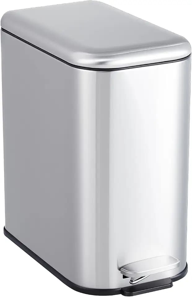 GlowSol Bathroom Trash Can with Lid, 1.3 Gallon 12 L Stainless Steel Step Trash Can with Removable Liner Bucket, Slim Small Wastebasket for Toilet Bedroom Office, Silver