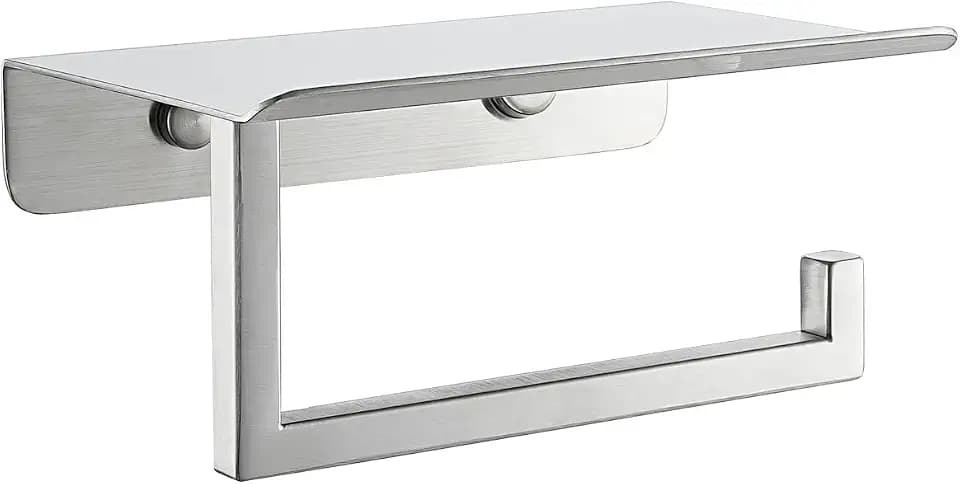 JQK Toilet Paper Holder Shelf, Bathroom Tissue Roll Holder with Phone Shelf, 5 Inch 304 Stainless Steel Tissue Paper Dispenser, Brushed Finished Wall Mount, TPH202-BN-T