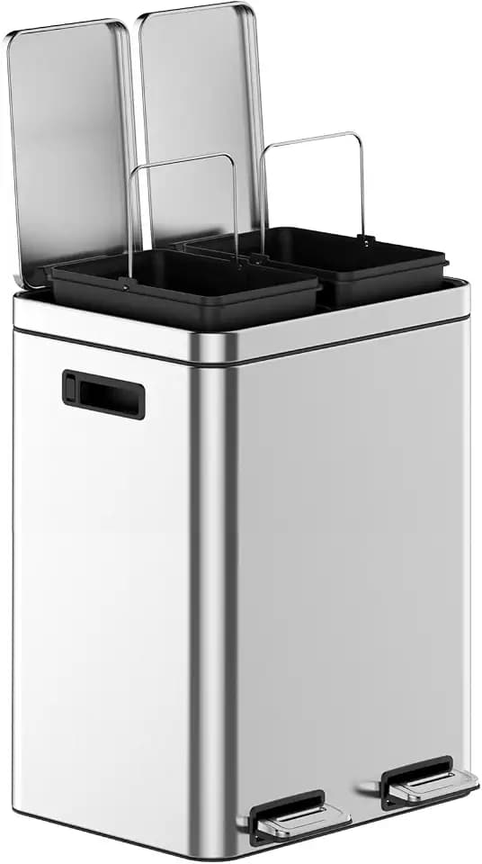 Dual Compartment Trash Can, 2 x 5.3 Gallon Kitchen Bin, Stainless Steel Recycling Bin, with Soft-Close Lids & Removable Inner Baskets, with Dual Compartments, for Kitchen Home Office Use