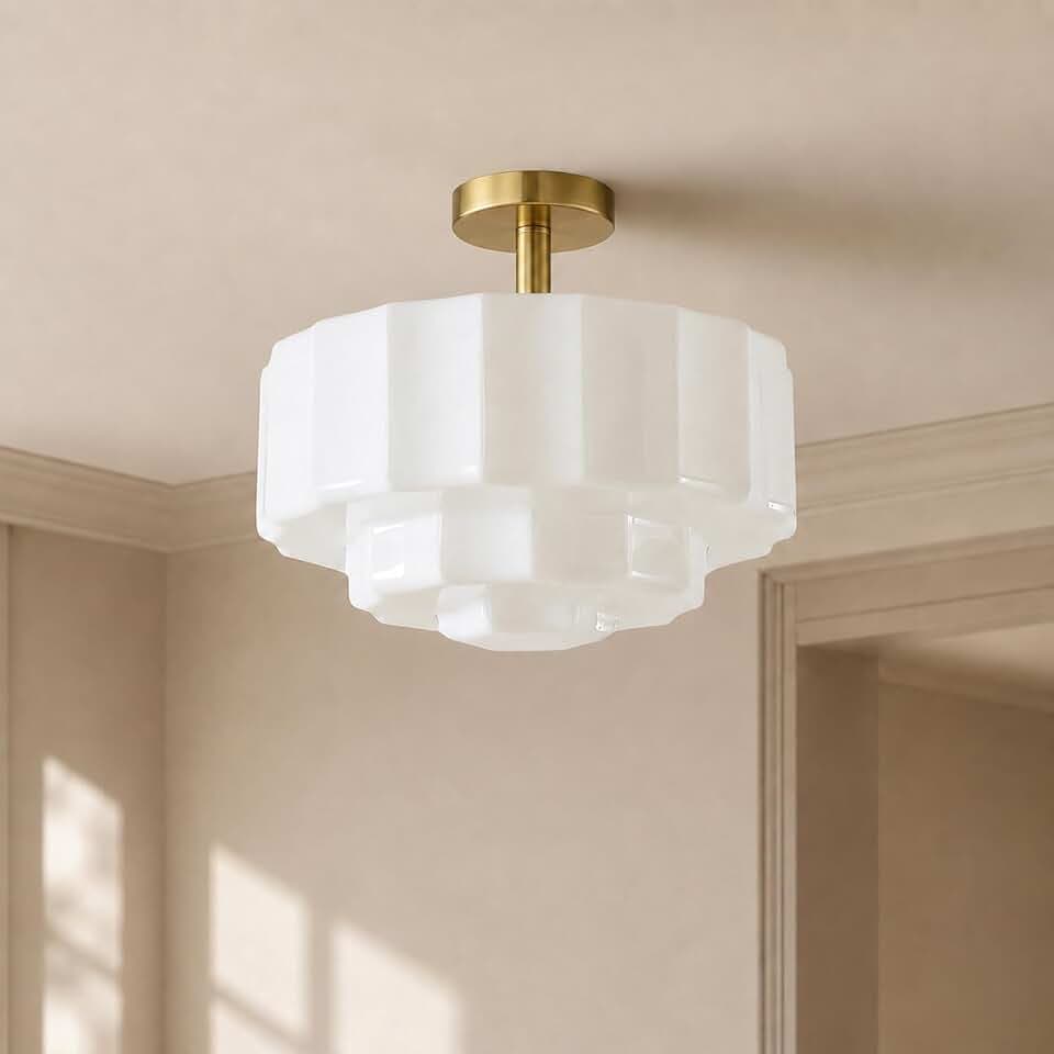 13.8'' Vintage Milk Glass Semi Flush Mount Ceiliing Light,Brass