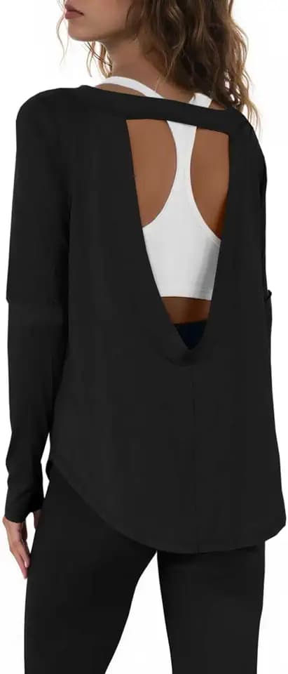 Womens Open Back Workout Shirts Casual Long Sleeve Athletic Gym Yoga Tops